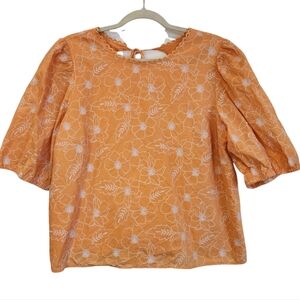 LOFT Orange Floral Puff-Sleeve Blouse Cut-Out Back With Tie Size XL Embroidered